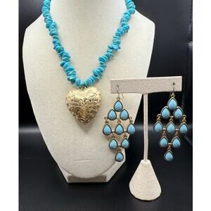 Atterri  Reconstituted Turquoise & Gold Tone Heart pendant ,Boutique Earrings